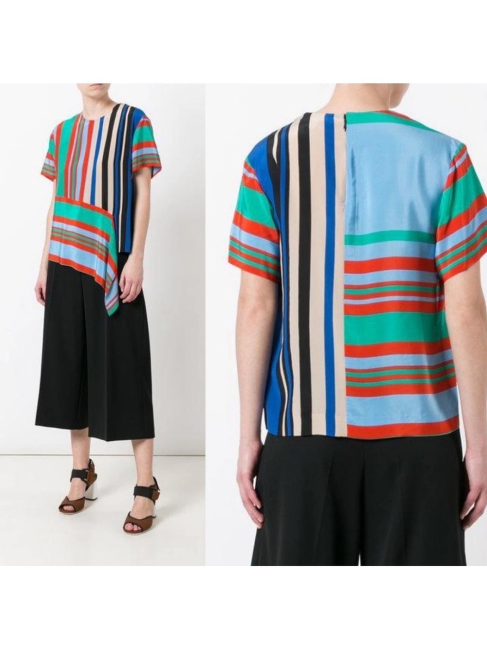 Diane Von Furstenberg Silk Borel Striped Jade Asymmetrical Blouse Top medium